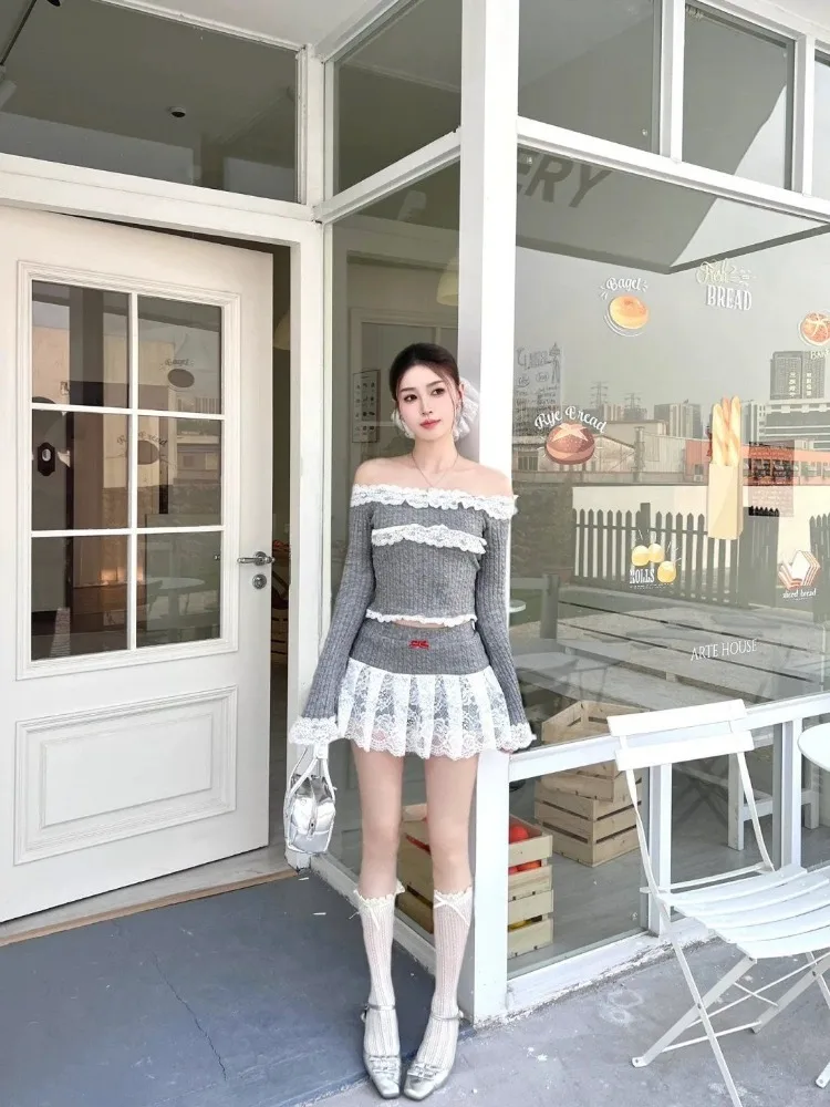 Süße zweiteilige Sets Damen Outfit Rock Sets Spitze Patchwork Off-the-Shoulder Langarm Top Minirock Sexy Streetwear Trendy