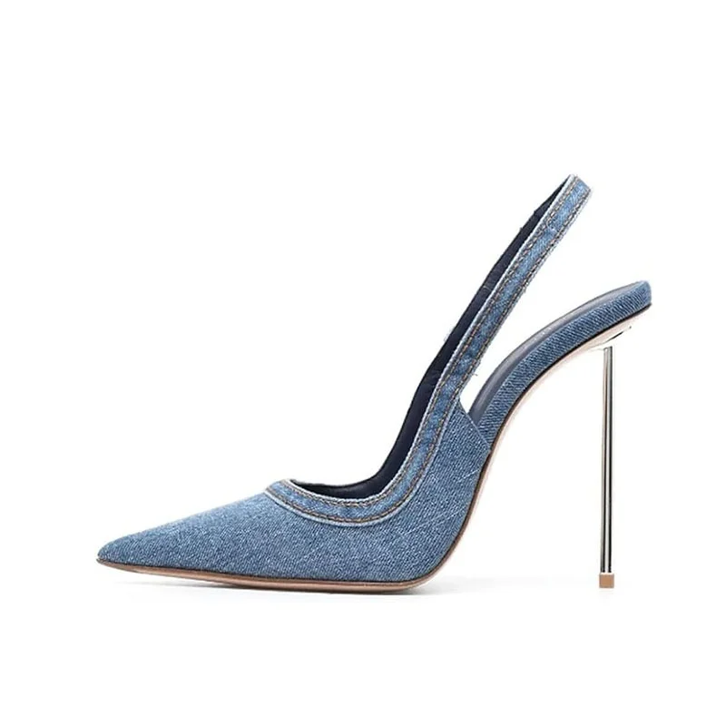 Arden Furtado 2025 Summer blue denim Metal heel Closed toe Sandals Pointed toe Sexy Super high heel Back Stra Modern Sandals