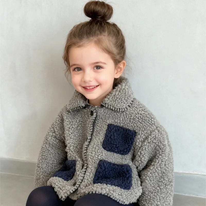 RAISE Kids Girl Winter Woolen Coat Fleece Thick Warm Infant Babys Girls Parka 1-6Y Girls Contrast Patch Pocket Outerwears Jacket