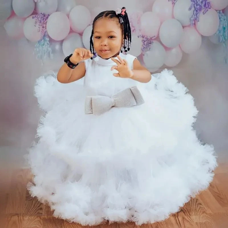 White Gorgeous Flower Girl Dresses Tiered Tulle Queen Pricess Ball Gowns for Girls African Arabic First Birthday Party Dress