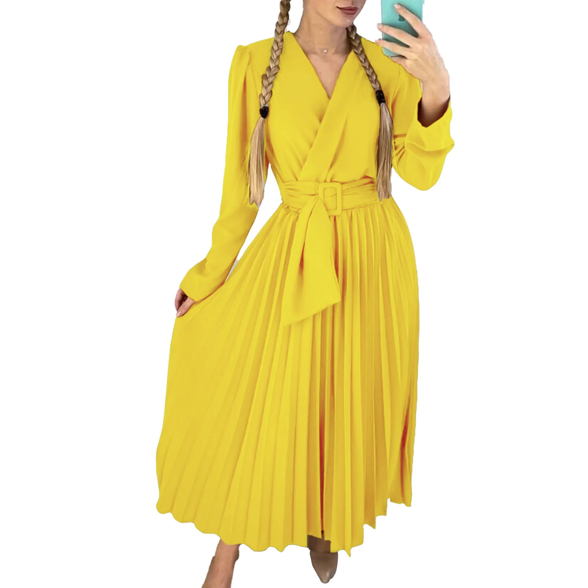 Elegant African Women's Dresses 2023 Autumn Winter Clothing African V-neck Solid Color High Waist Long Sleeve Long Pleated Dress