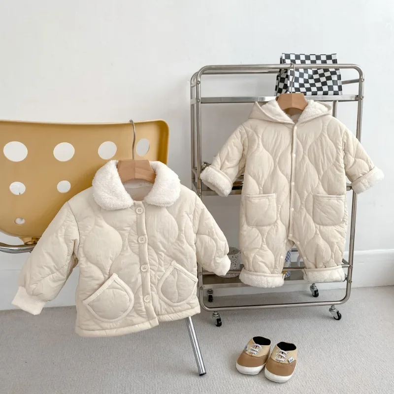 

Korean version of ins baby cotton-padded jacket plus fleece padded warm coat forwinter padded long climbing hooded crawling suit