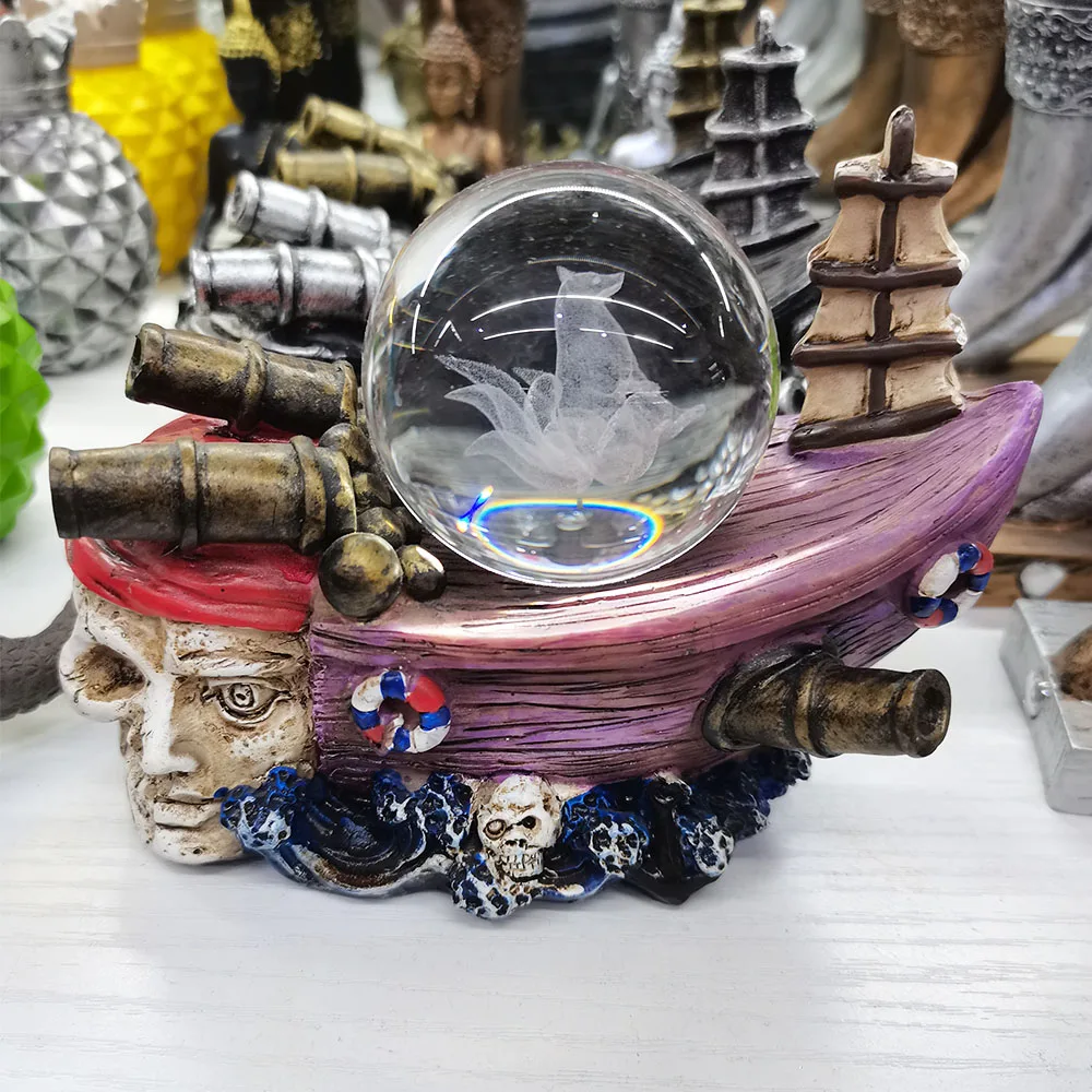 Cool  Resin Pirate Ship Crystal Base Sphere Support Display Stand Photography Props Handicraft Decor