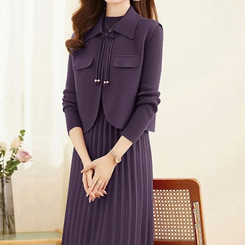 

Knitted Vest And Dress Two-Piece Set Women, Autumn And Winter New Style, Elegant And Stylish Long Sleeve Sweater Dress Set