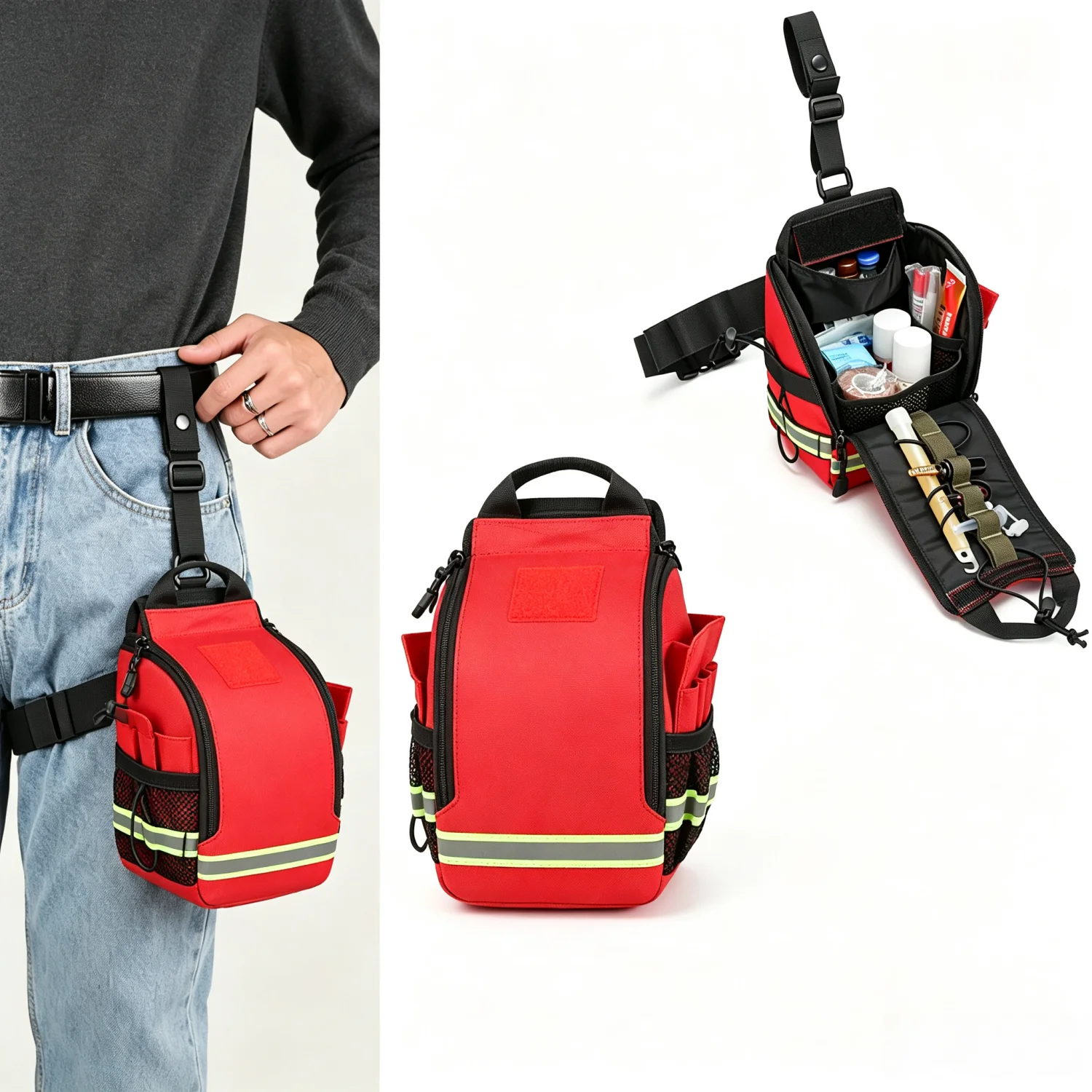 1000D Tactical First Aid Fanny Pack Red Medical Waist Bag Empty Pouch Outdoor Camping Travel EDC Survival Belt Organizer
