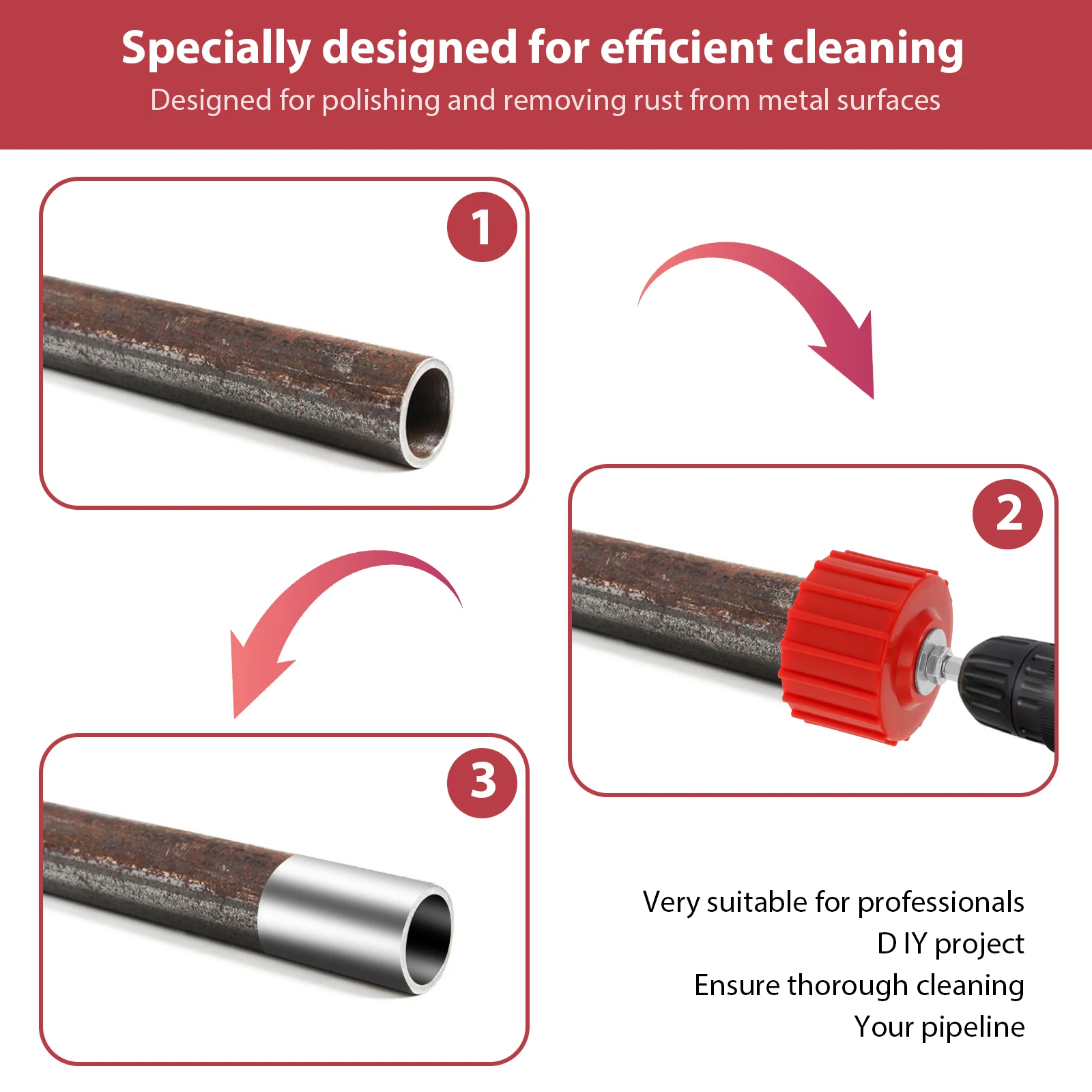 고효율 청소 구리 파이프 튜브, 녹 제거, 다목적 견고한 튜브 청소 브러시, 직경 1 인치, 2 인치, 3 인치, 4 인치