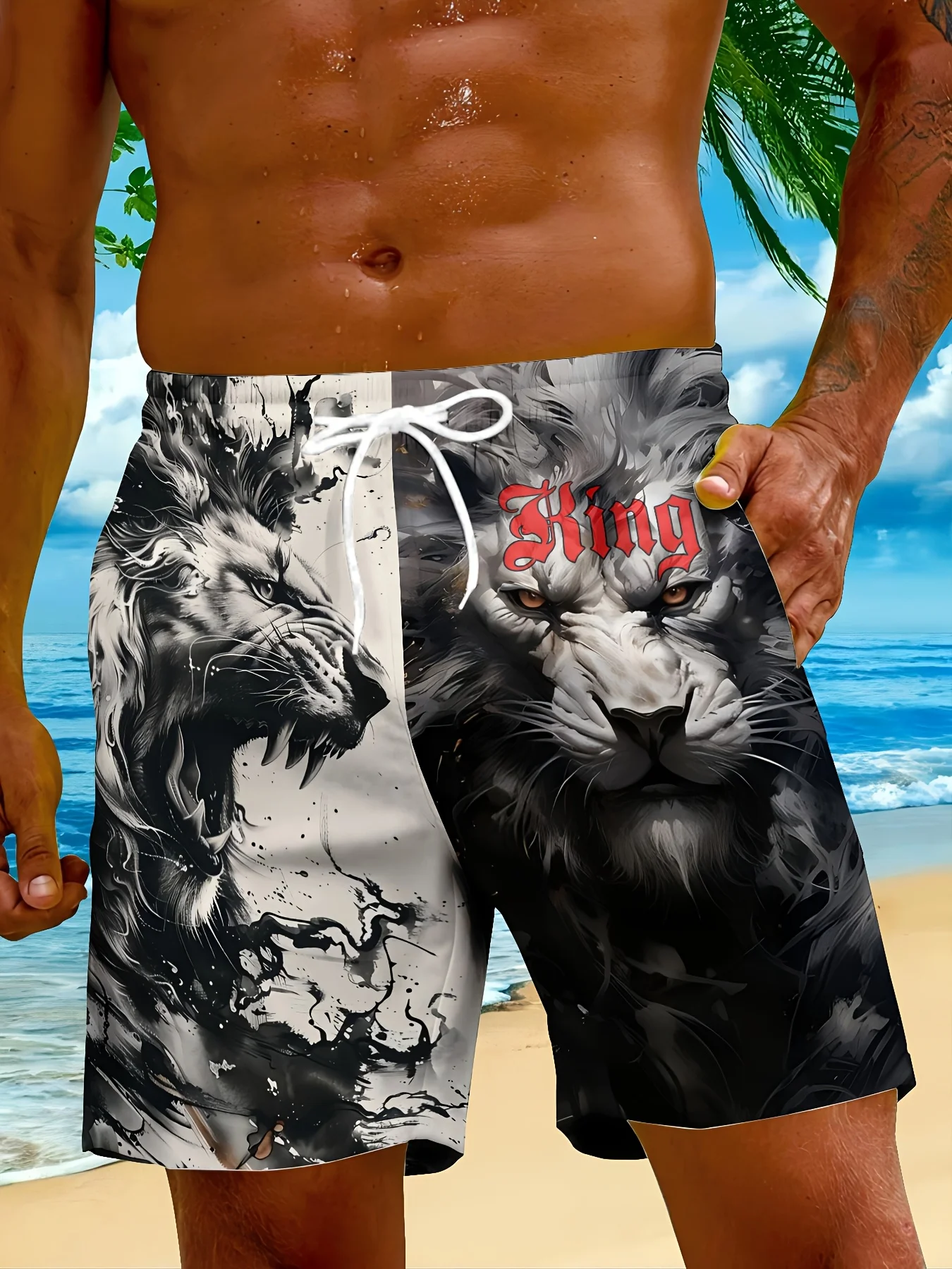 

Модные шорты на шнурке с рисунком льва, лето 2025, большие размеры, свободные пляжные брюки с карманами, праздничные мужские шорты с эластичной резинкой на талии