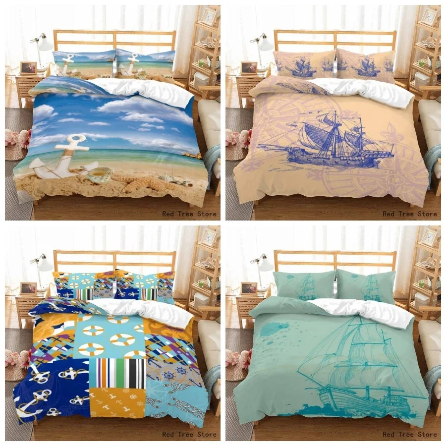 

Cartoon Anchor Boat Printed Bedding Set Blue Seaside 2/3pcs Duvet Cover Pillow Case Twin Full Size Kids Bedclothes Soft Bedline