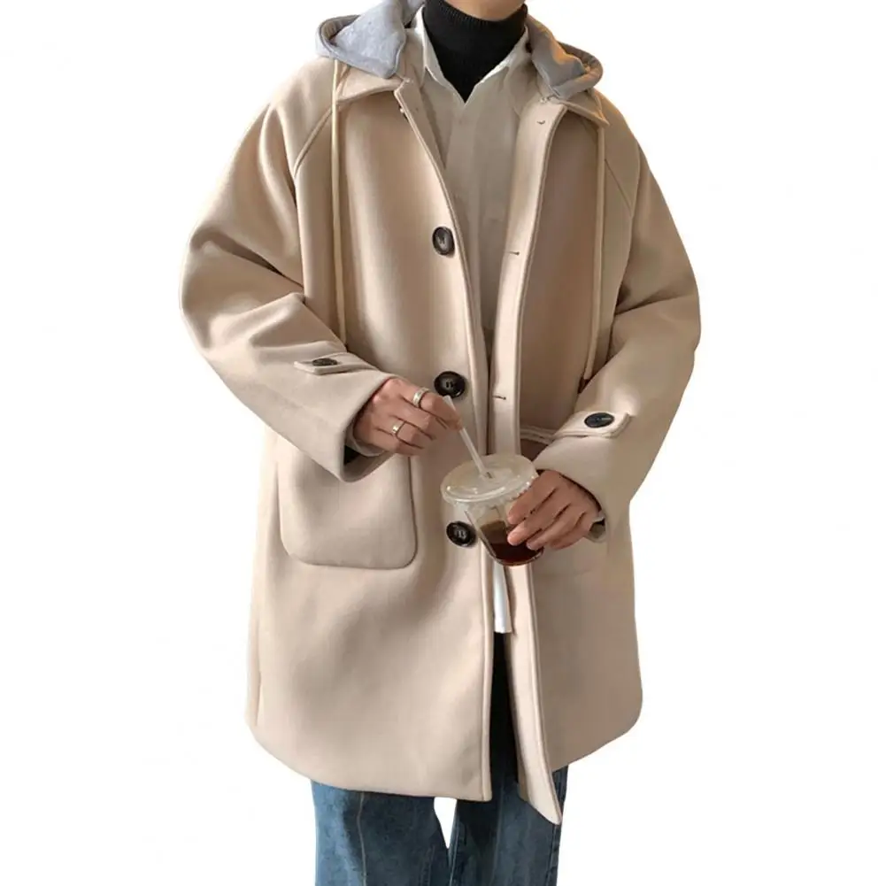 Men Woolen Coat Hooded Drawstring Long Sleeve Single Breasted Jacket Coat With Large Pockets Long Windbreaker