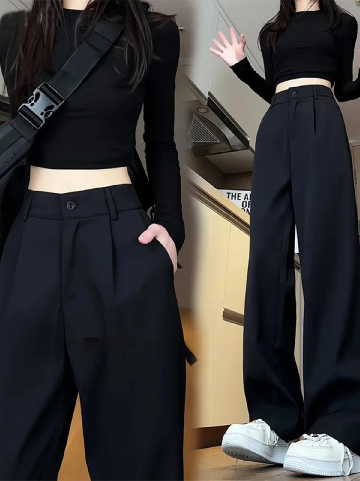 

Black Wide Leg Small West Pants Men Women Slimming Drapey High End Casual Floor Length Straight Blade Suit Pants