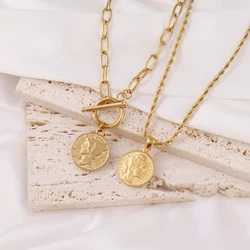 316L Stainless Steel Carved Queen Coin Pendant Necklace For Women Fashion Gold Color Chain Necklaces Jewelry