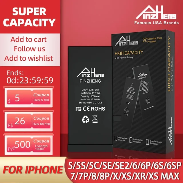 PINZHENG Bateria o dużej pojemności do iPhone'a 5S SE 6 6S 7 8 Plus X Xr Xs Max Zamiennik baterii telefonu Gwarancja jeden rok