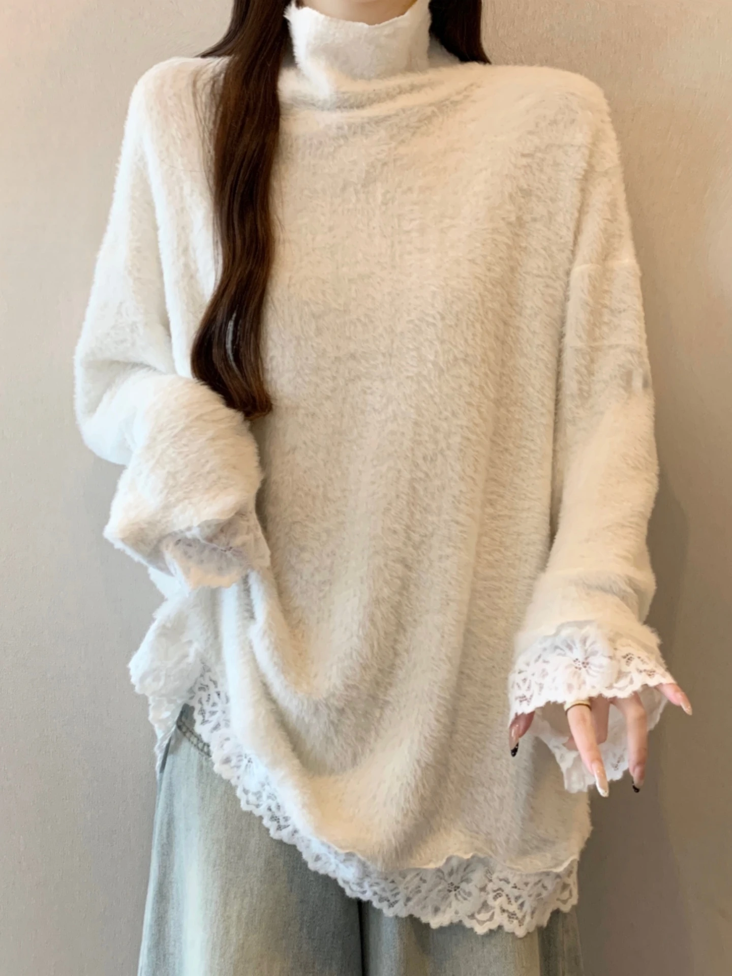 Women's plus Size Knitted Sweater Half High Collar Lace Splicing Slimming Mid-Length Water Rabbit Fur Simulation Spring Autumn