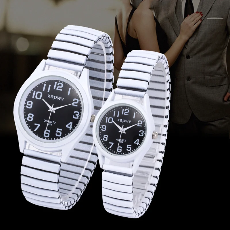 ファッションカップル腕時計女性男性クリエイティブミニマリストステンレス鋼弾性バンド腕時計レトロ高齢者カップルクォーツ腕時計