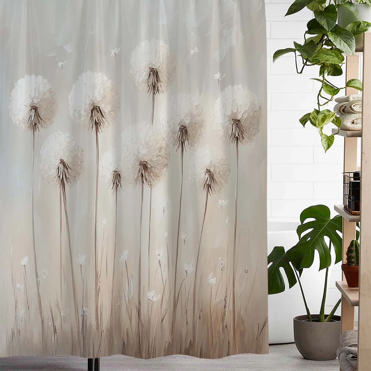 

Elegant Dandelion Print Curtain - Soft Beige with White Flowers & Seeds, Polyester, 12 Hooks, Perfect for Bathroom/Bedroom Decor