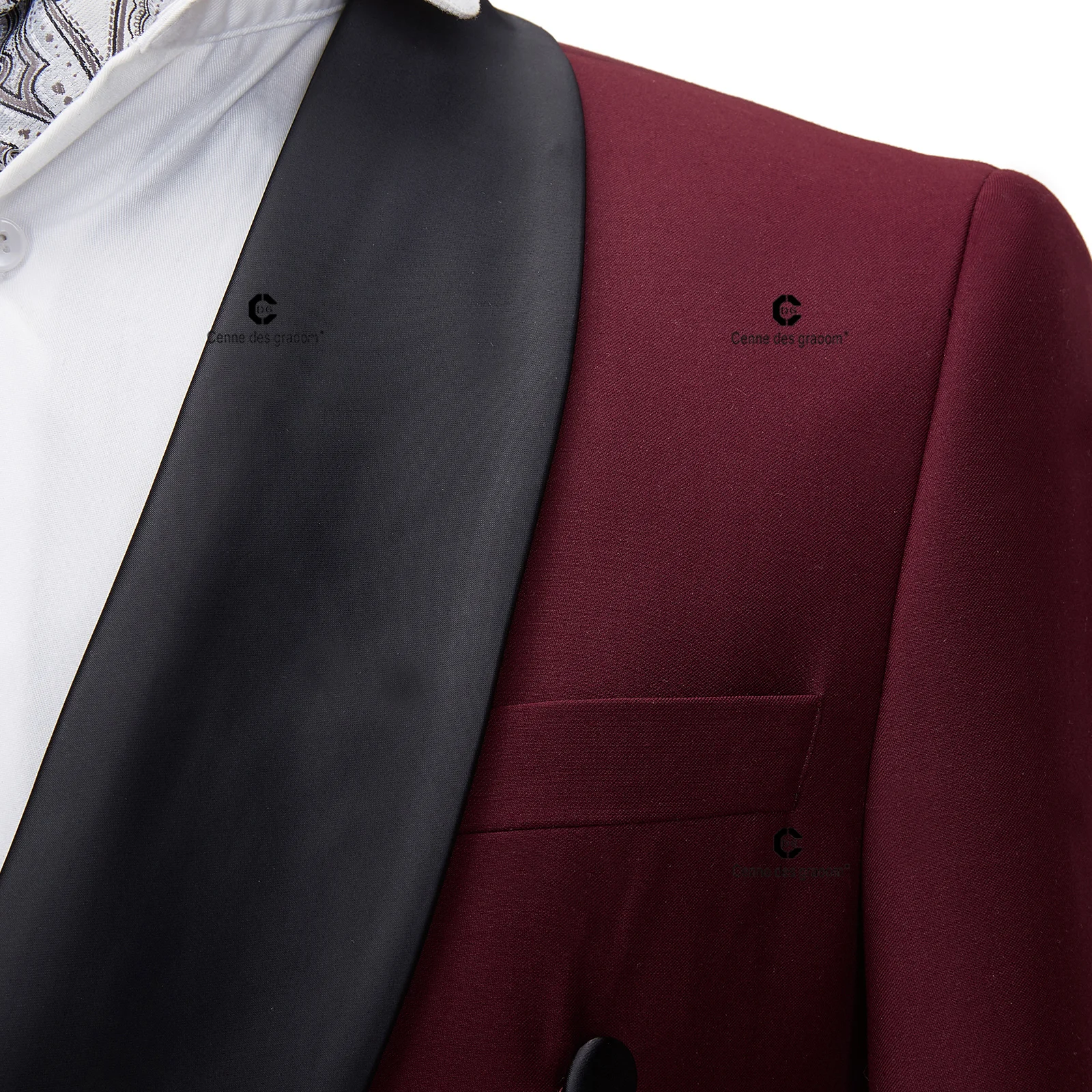 Cenne Des Graoom Luxury Men Suit Wedding Grooms Banquet Maroon Burgundy Red Jacket with Tuxedo Pants Black Shawl Lapel Slim Fit