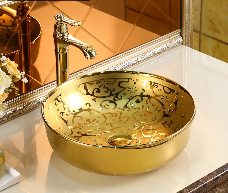 

European style golden tabletop basin wash basin ceramic tabletop basin artistic basin household golden circular tabletop basin