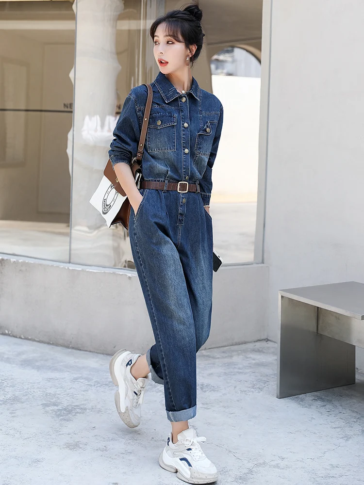 Modny dżinsowy kombinezon damski, casualowy, dopasowany, wiosenno-jesienny, nowy, z wysokim stanem, spodnie z prostymi nogawkami.