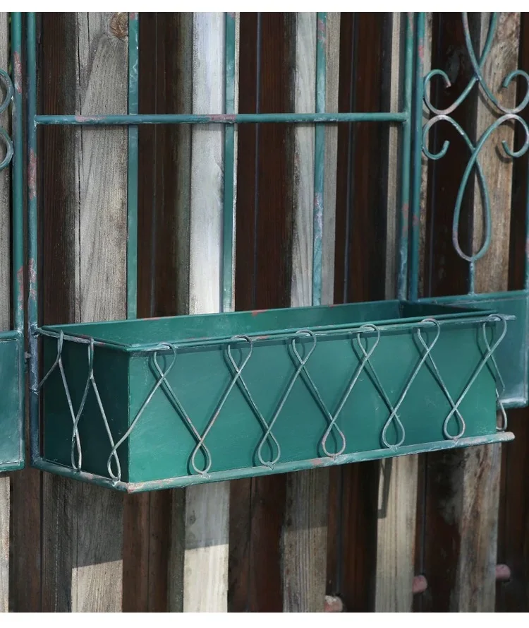 Vintage Iron Wall-Mounted Faux Window Planter with Flower Box, Distressed Green, 36.6 x 33.9 x 7.9 Inches