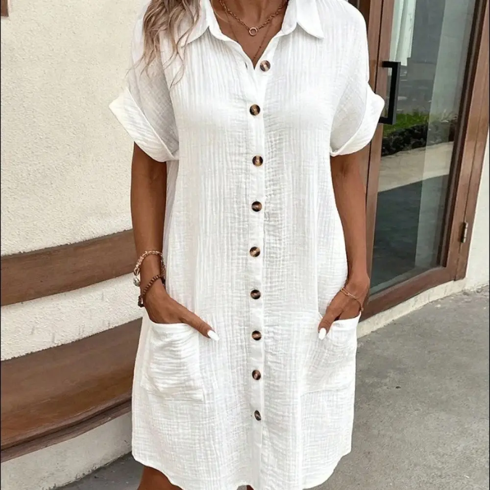 Casual Summer Dress Womens Short Sleeve Button Down A Line Mid Length Loose Fit Solid Color Retro Elegant Style