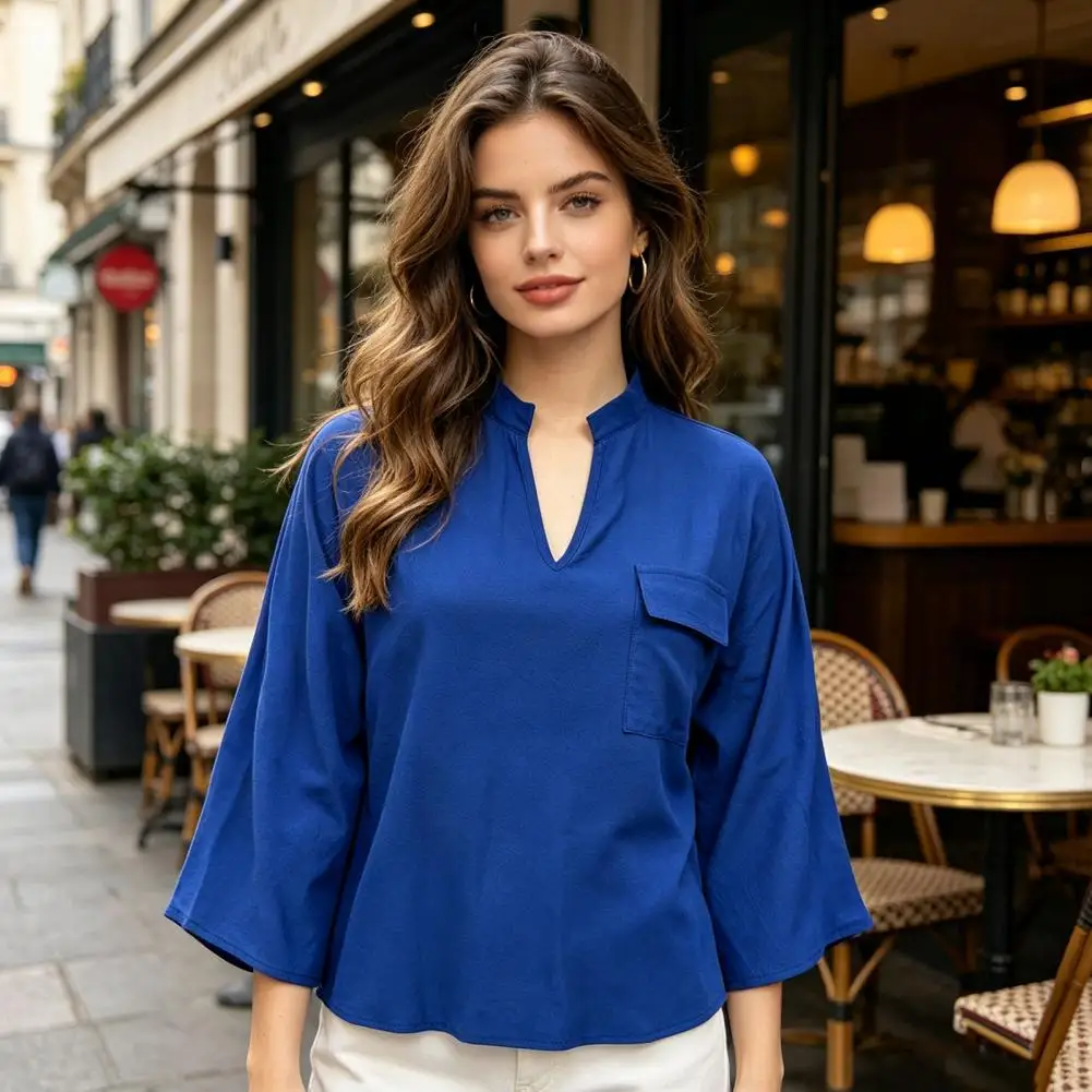 

Women Blouse Stand Collar V-neck Half Sleeve Casual Blouse Shirt Solid Color Lightweight Breathable Cozy Tops Women Fashion Tees
