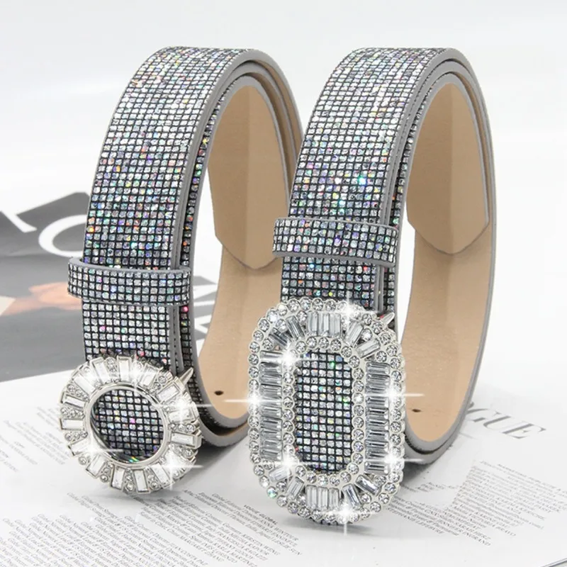 Korean-style Fashionable and Versatile Women’s Belt with Rhinestone Square Buckle High-End Niche Instagram-Style Slim Belt