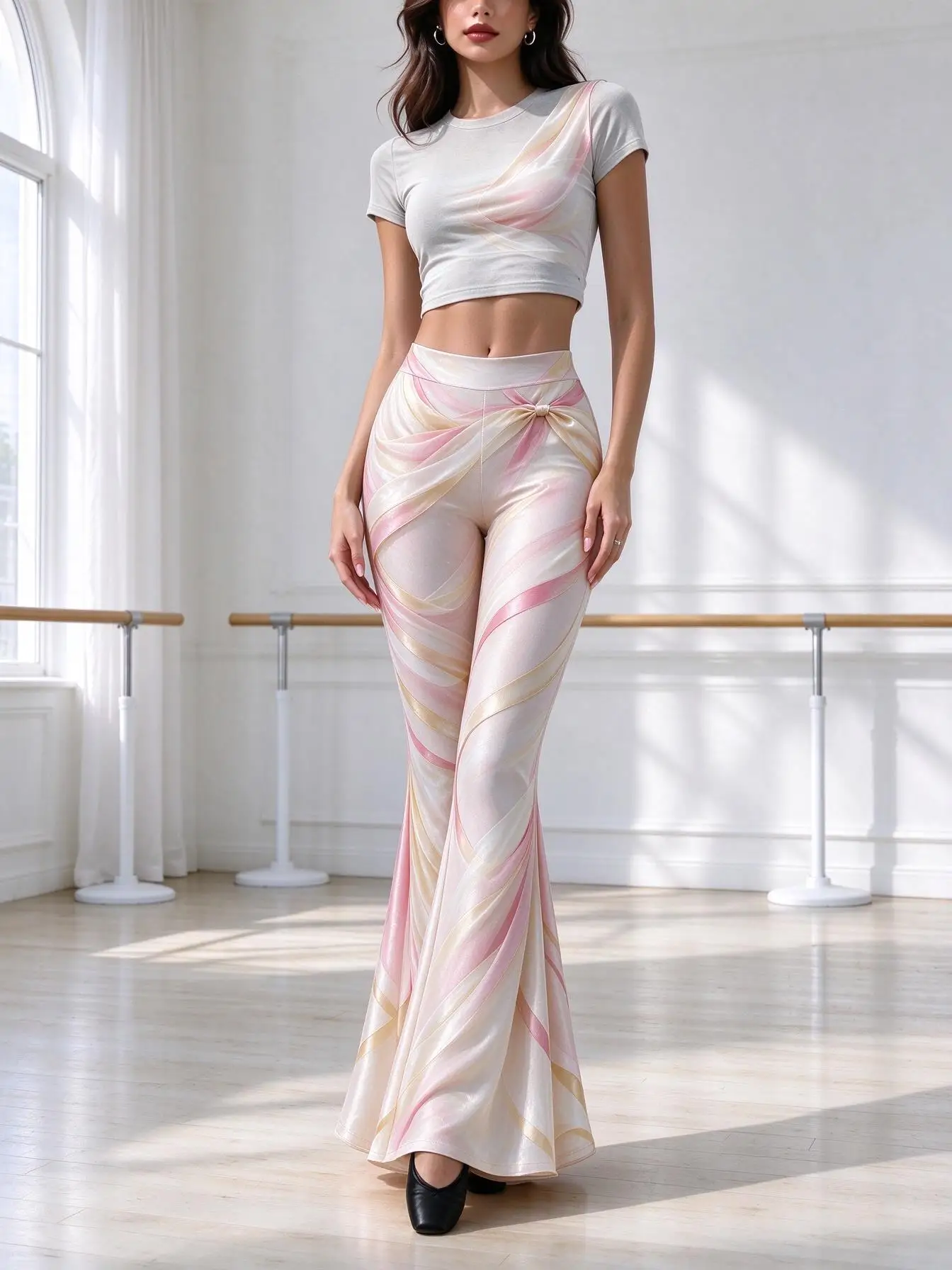 Women Mid-Rise Slim Flared Pants, Flat Printed Pink Gold Marble Swirl Pattern, Non-3D, Stretch Skinny Bell Bottoms