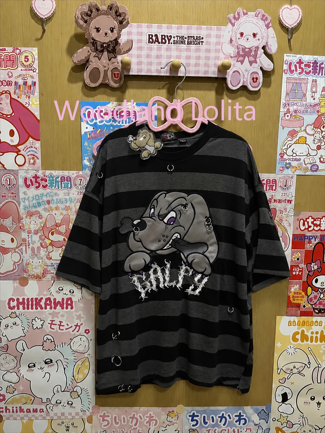 Summer Japanese High Street Punk TShirt Women Short Sleeve Striped Cartoon Top Vintage Y2K Subculture Shirt Jirai Kei Streetwear