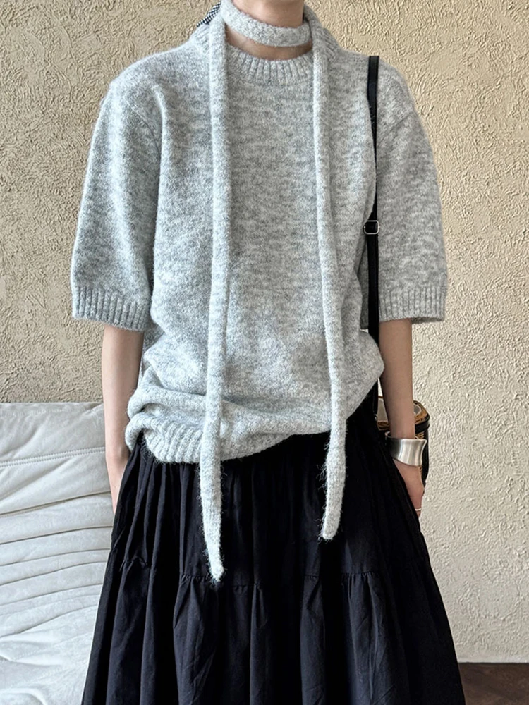 LANMREM-Pull Décontracté à Manches sulfet Col Rond pour Femme, Couleur Unie, à la Mode, Nouvelle Collection Automne 2024, 26C554