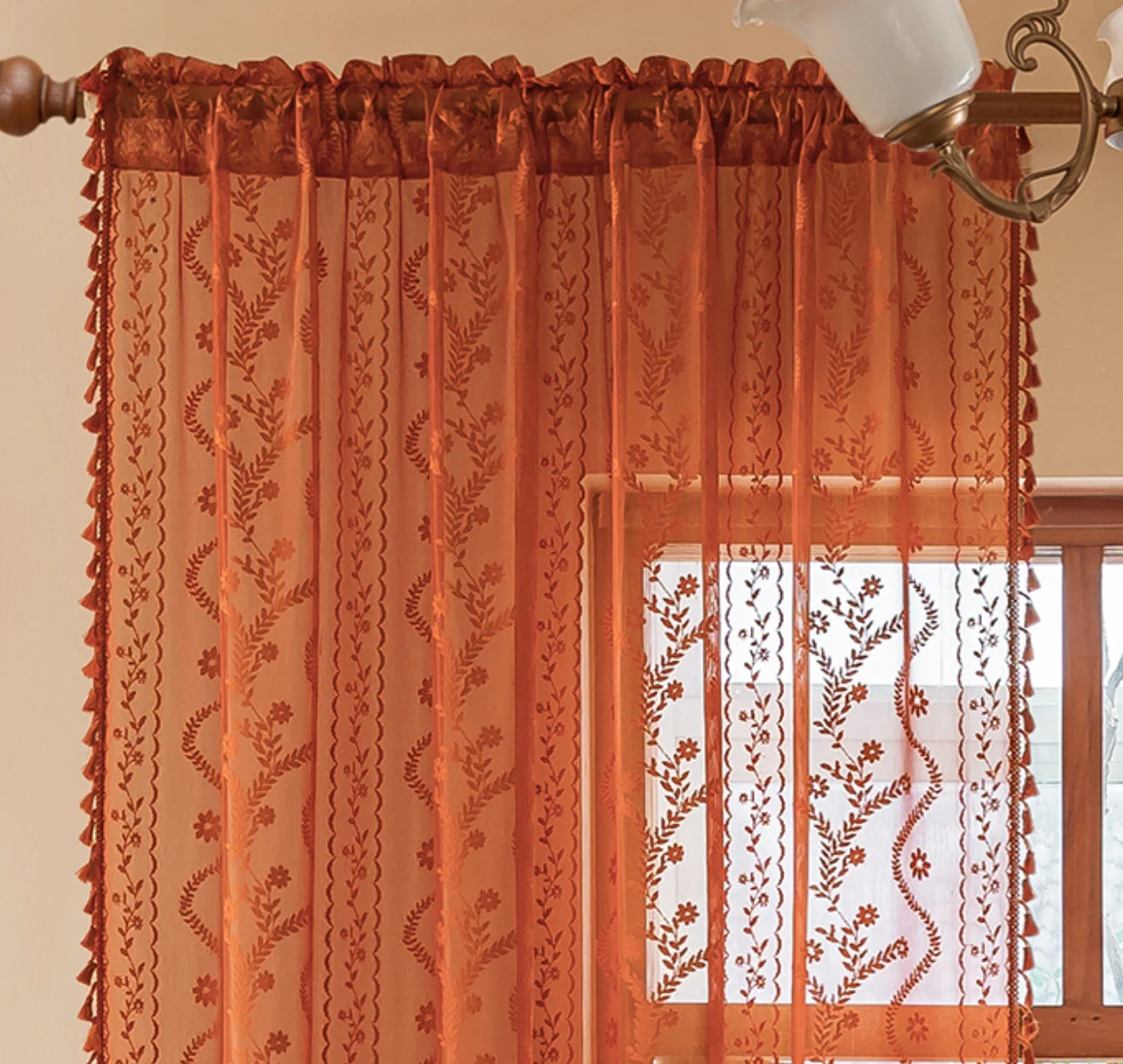 Boho Lace Curtains 2 Panel Drapes for Bedroom, Living Room, Dining Room, Tassel Trim, Rod Pocket Privacy Curtains That Let Light