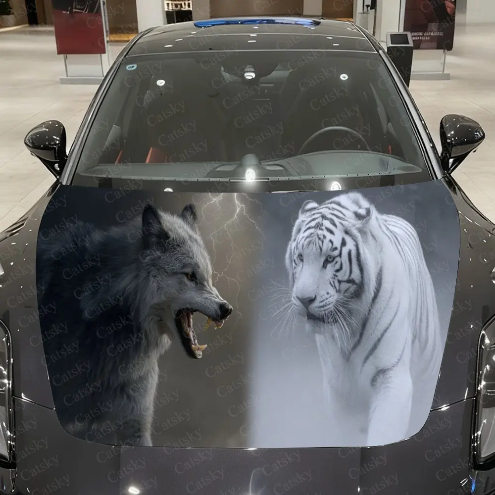 

Roaring Wolf and White Tiger - Mist Auto Hood Sticker, Car Cover Decal, Waterproof and Self-adhesive Auto Vinyl Wraps, Fashionab