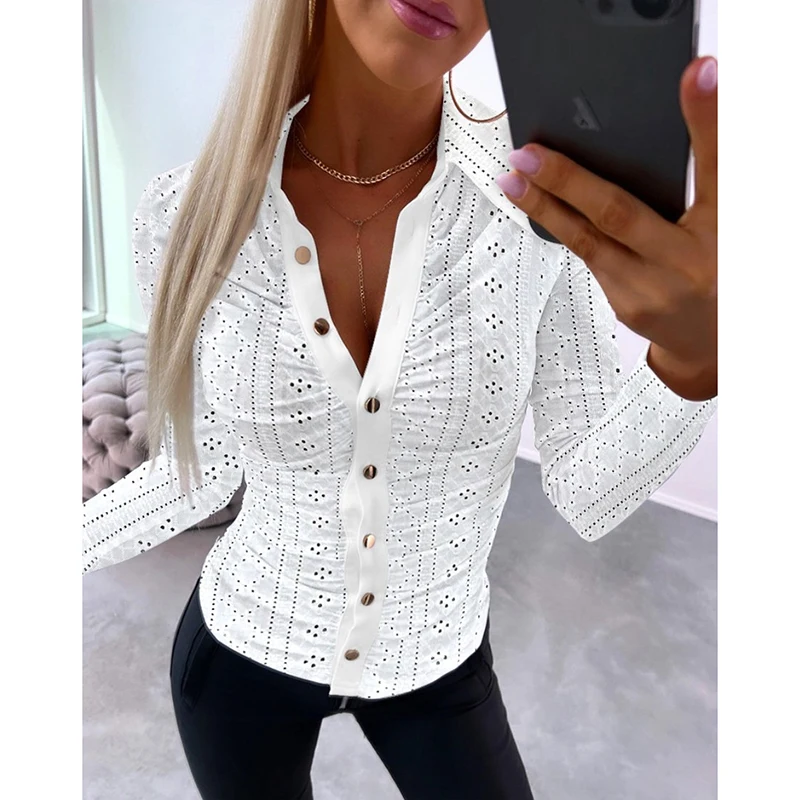 Women Fashion Long Sleeve Blouse Letter Print Office Shirts For Women Casual Turn Down Collar Button Tops