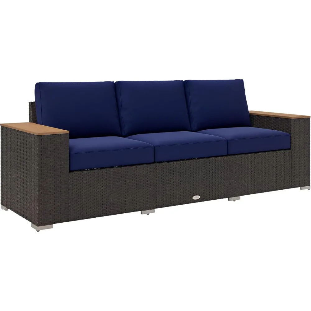 أريكة فناء خارجية بثلاثة مقاعد مع وسائد، أريكة من الخيزران من البولي إيثيلين مع مساند للذراعين واسعة من الخشب والحبوب، أريكة من الخيزران في الهواء الطلق للشرفة، G #3