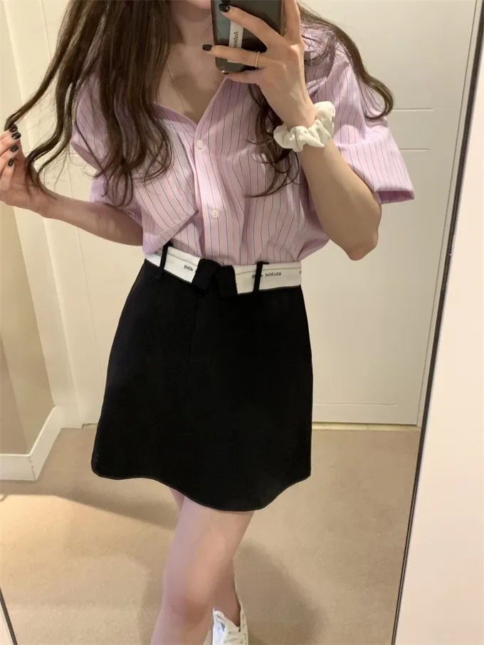 

Unique SEI Korean Sle Simple Flip Letter Waist Small A-Line Slimming Casual Versatile Skirt ort Skirt