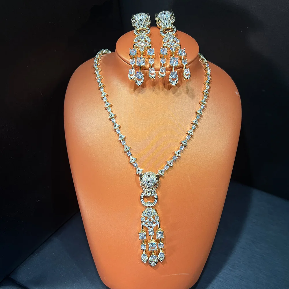 

Women New Cheetah Full Of Zircon Earrings Necklace Jewelry Set 2025