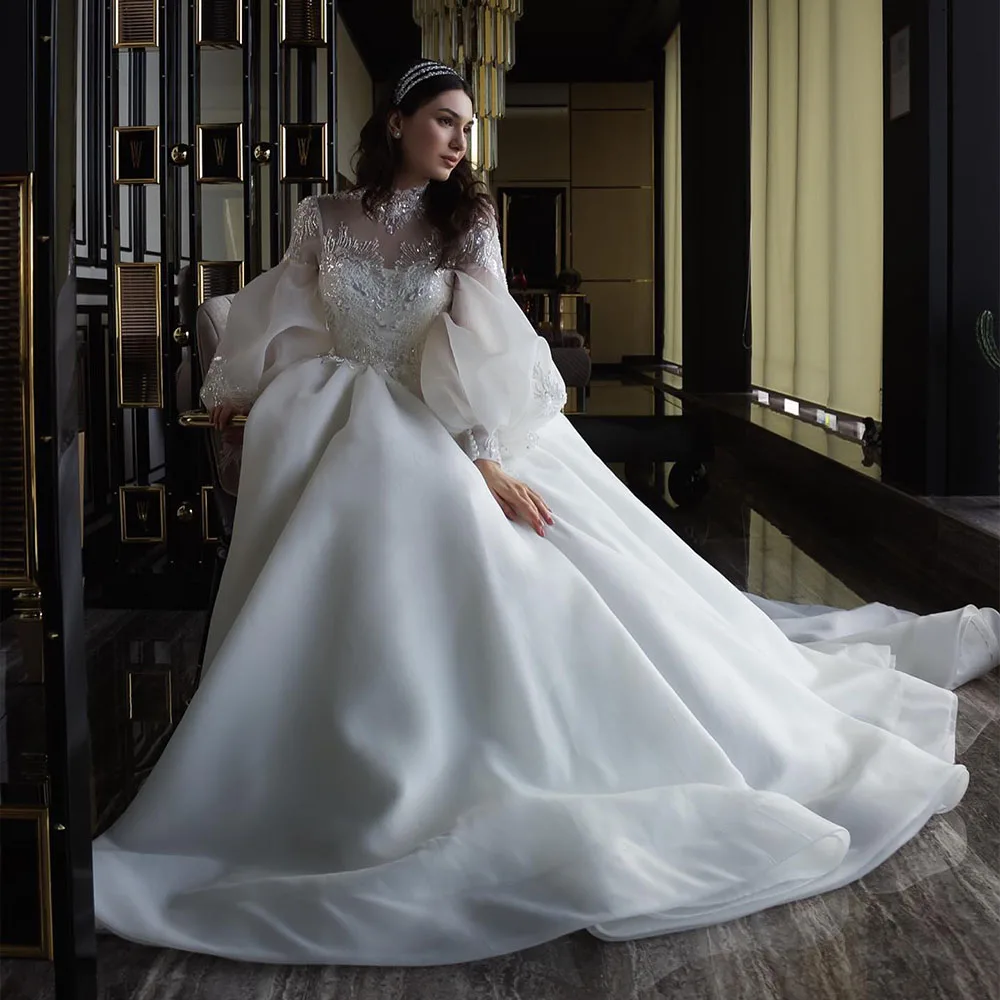 

Modest Wedding Dresses High Neck Long Sleeves Civil Bride Dress Appliques A Line Organza Bridal Gown Customized robe de mariée