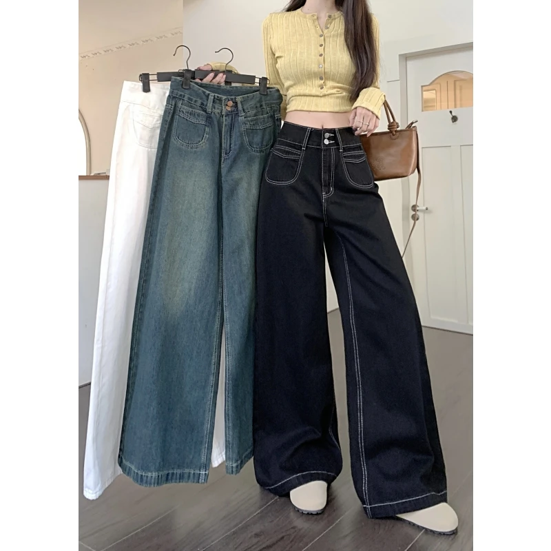 

2025 High Waist Women Blue Jeans Hip-hop Style Fashion Vintage Streetwear Y2K Wide Leg Jean Female Trouser Baggy Denim Pants