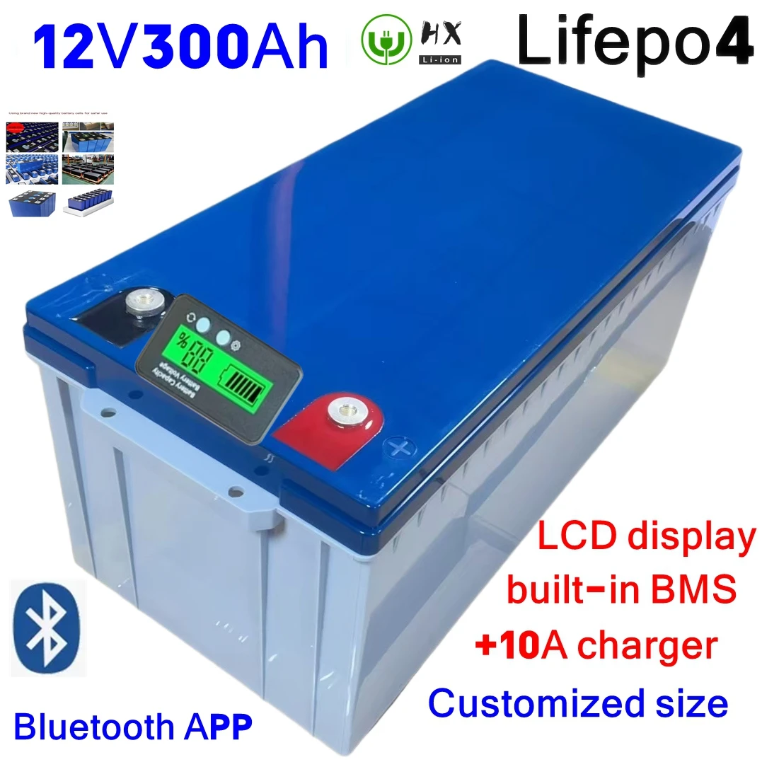 

Batterie au lithium Lifepo4 avec Bluetooth, 12.8V, 300Ah, 12V, BMS, bateau, station de base Sicile, AGV, chargeur 20A