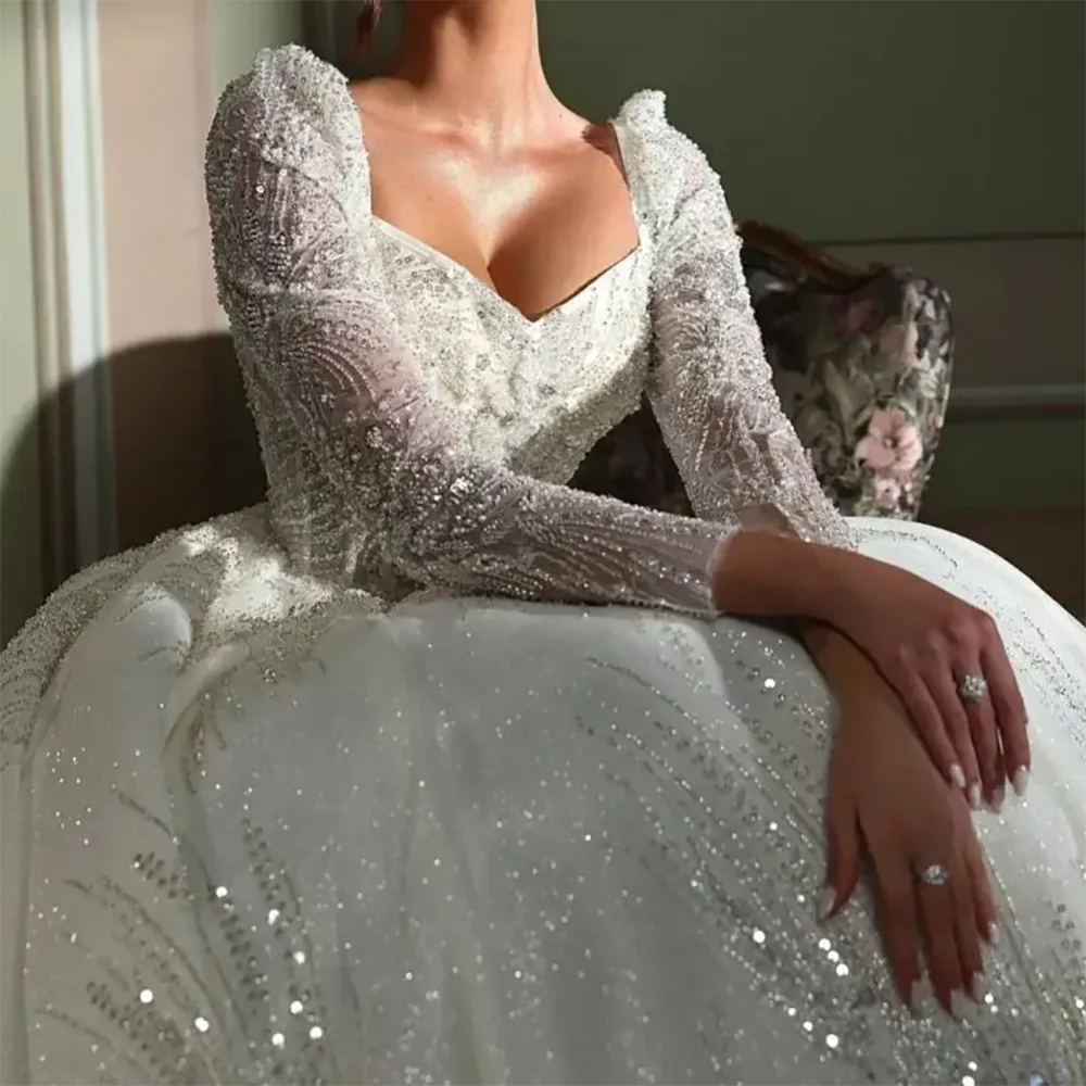 

Luxury Sweetheart Beading Full Sleeve A-Line Bride Wedding Dresses Bridal Gowns Customized