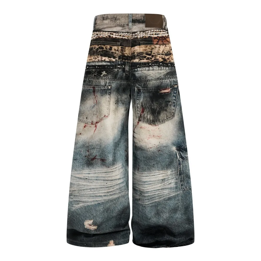 MWJLPWQ American High Street Heavy-Duty Printed Jeans Male Hiphop Niched Spring Autumn Washed Distressed Unisex Long Pants 20013