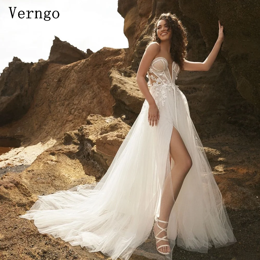 

Verngo lvory Appliques Wedding Dress Strapless A Line Slit Bridal Gowns Elegant Sweap Train Women Bride Dress Customized