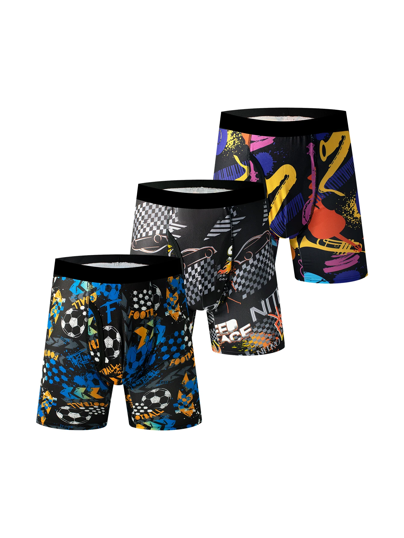 Men\'s underpants 3 pairs of personalized cartoon graffiti long sports boxer shorts comfortable and soft boxer shorts