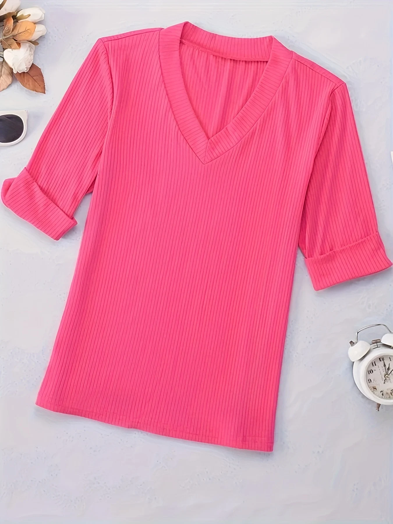 Plus Size Women Casual V Neck Solid Color T-Shirt Top