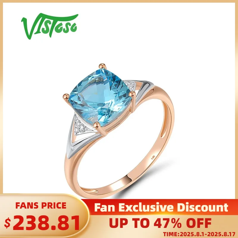 

VISTOSO Pure 14K 585 Rose Gold Ring For Women Sparkling Diamond Swiss Blue Topaz Square Wedding Anniversary Gifts Fine Jewelry