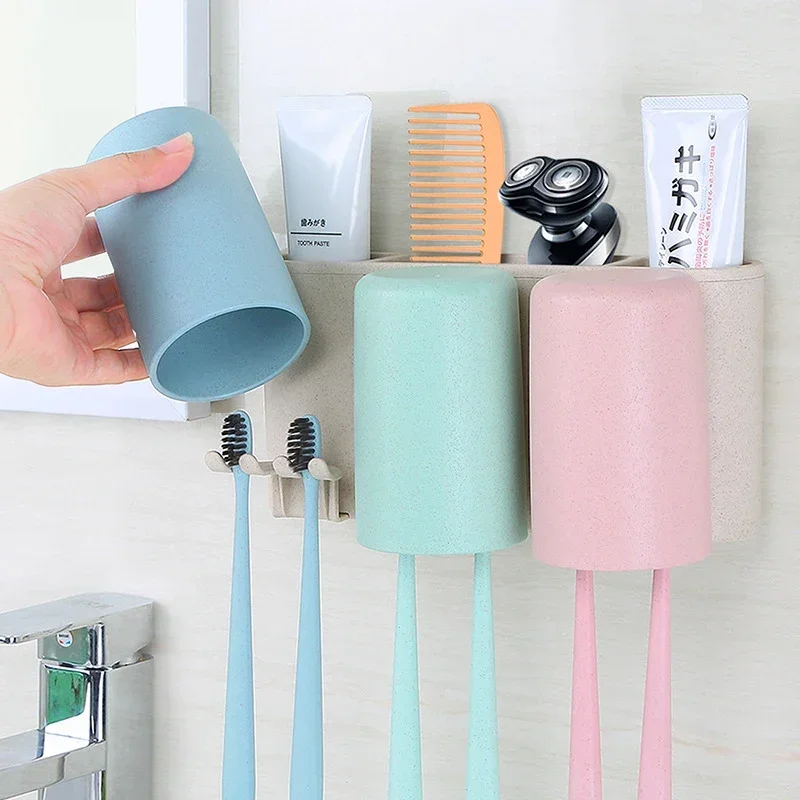 ECOCO 1 Set Toothbrush Holder Suction Hook Wheat Straw Material Bathroom Accessories Wall Mounted Tooth Brush Holder Set Storage