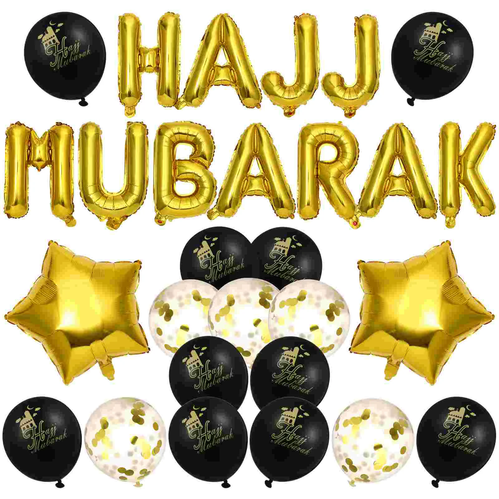 

HAJJ MUBARAK Letter Latex Balloons Decorative Celebrative Background Layout Balloons Set for Eid -Fitr (Black and Glod)