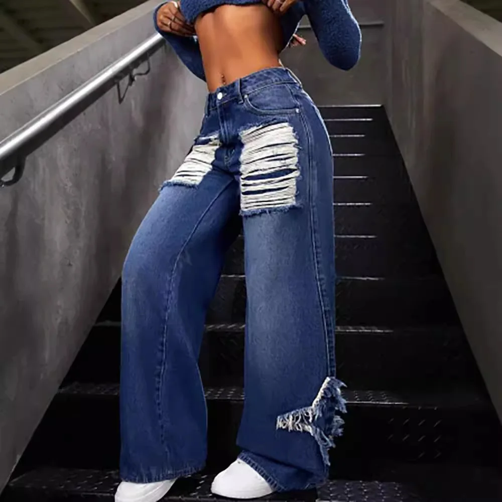 

Straight Jeans Women Hole Wide Leg Pants Denim Mom Patch Mid Waist Ripped Distressed Washed Vintage Floor Length Loose Trousers