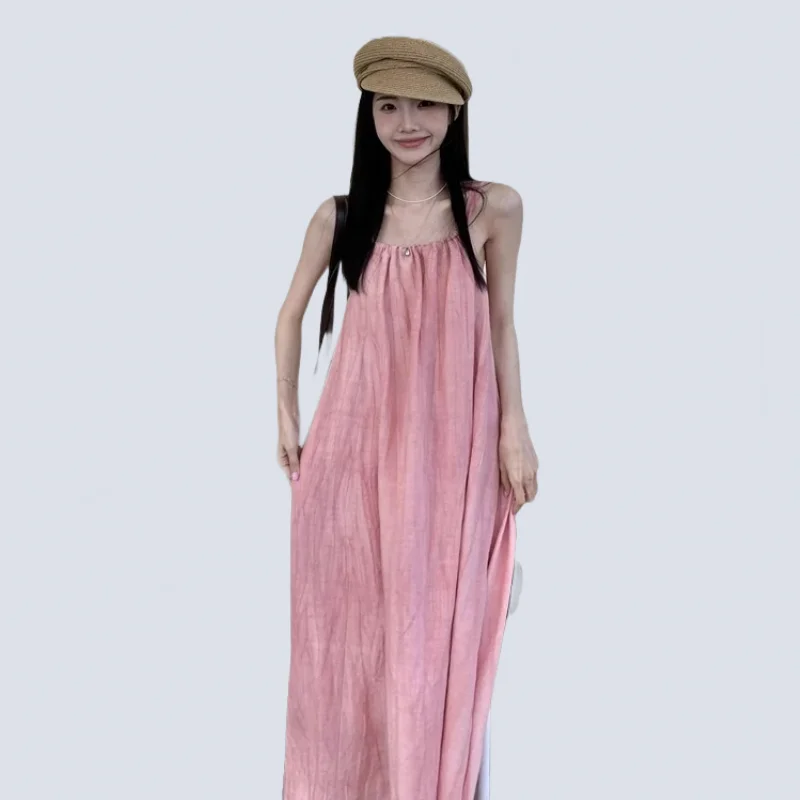 

Korean Style Summer Dress Casual Loose Beach Dress Solid Color Pleated Robe Longue Femmes Elegant Sweet Womens Dress