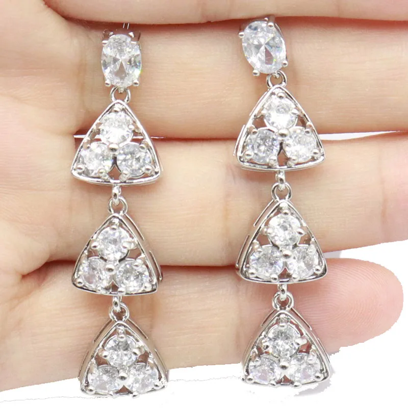

42x11mm Long Big Heavy 9.4g White Sapphire Women Wedding Silver Earrings