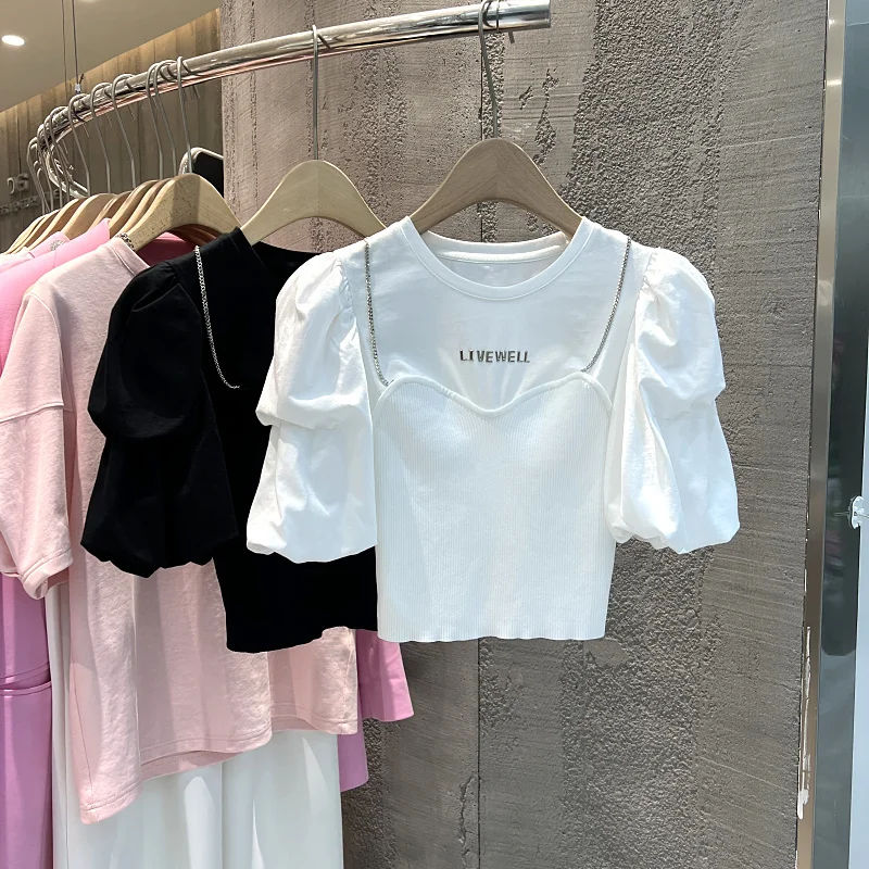 

Korean Style round Neck Bubble Sleeve T-Shirt Short Sleeve Chain Design Unique Fashion Summer New Arrival Women's Top